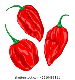 Flat Style Chili Pepper Cartoon Icons. Editable Vector Set of Hot Red Habanero and Chili Peppers Isolated on White Background