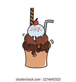 flat style chocolate ice cream illustration and line art