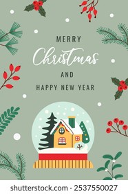 Flat style Christmas card featuring a festive snow globe with a cozy winter house, surrounded by holiday greenery and berries. Ideal for seasonal greetings, invitations, and holiday decorations.