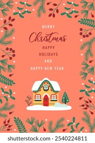 Flat style Christmas card featuring a cozy holiday house with snow and festive decorations, set on a warm coral background surrounded by seasonal greenery. Perfect for spreading holiday cheer.