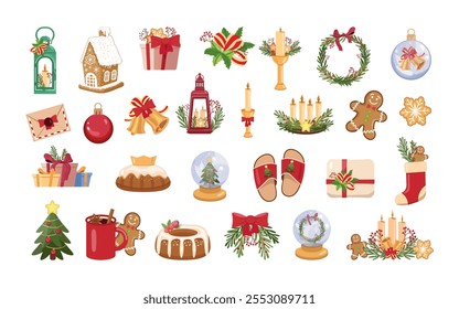 Flat style Christmas element set with festive decorations, holiday icons, and winter-themed items