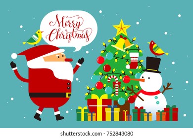 Flat style Christmas greeting card design, with Christmas Santa Claus ,Snowman and Christmas tree.