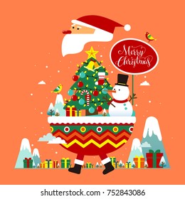 Flat style Christmas greeting card design, with Christmas Santa Claus ,Snowman and Christmas tree.