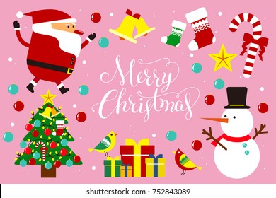 Flat style Christmas icon design, with Christmas Santa Claus ,Snowman and Christmas tree.