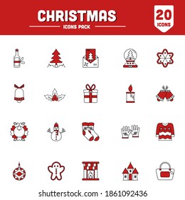 Flat Style Christmas Icon Set In Red And White Color.