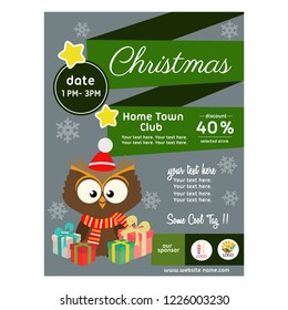 flat style christmas poster with owl and present gift box