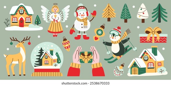 Flat style Christmas set with festive characters and decorations, including an angel, snowman, reindeer, penguin, gifts, holiday houses, and winter trees. Ideal for holiday designs and decorations.