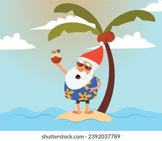 A flat style Christmas travel illustration featuring Santa Claus wearing summer clothes and sipping coconut water. This fun visual representation combines festive elements with a relaxed approach, bri