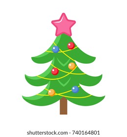 Flat style Christmas tree decorated with star, balls and garlands, Xmas icon, greeting card element, vector illustration on white background. Christmas tree, flat style icon, decoration element