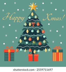 Flat style Christmas tree with red, yellow, green and blue balls, surrounded by snowflakes and gifts.