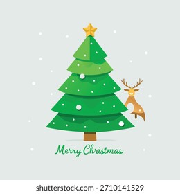Árvore de Natal de estilo plano com rena e neve caindo sobre fundo claro, 'Feliz Natal' texto.