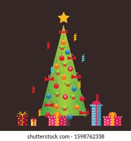 Flat style Christmas tree with star, Candy Cane, Gift boxes and decoration balls, vector illustration isolated on background.
