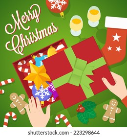 Flat Style Christmas Vector Card on Green Background