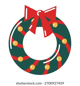 Coroa de Natal de estilo plano com arco. Ícone festivo. Ilustração isolada de vetor desenhada à mão. 