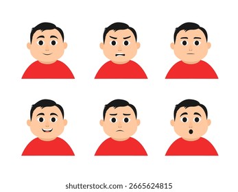 Estilo plano gordo de dibujos animados de la cara del muchacho con seis expresiones feliz, enojado, neutral, riendo, triste y sorprendido en color rojo