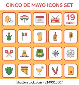 Flat Style Cinco De Mayo Icon Set On Orange And White Square Background.