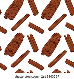 Flat style cinnamon stick hand drawn seamless pattern for spice store package, menu design.