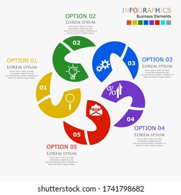 Plantilla de opciones de infografía de círculo de estilo plano. 
Plantilla moderna de diseño de concepto con 5 opciones, pasos o partes.