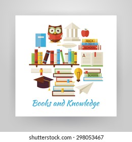 Flat Style Circle Vector Set of Books Education and Knowledge Objects Isolated over White  Paper Template. Collection of Wisdom Library Reading Colorful Objects. School University and Learning Items.