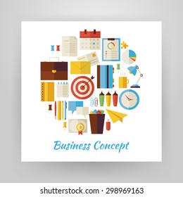 Flat Style Circle Vector Set of Business Workplace and Office Life Colorful Objects. Collection of Business Strategy and Workspace Items Isolated over white. Design Elements over Paper Template