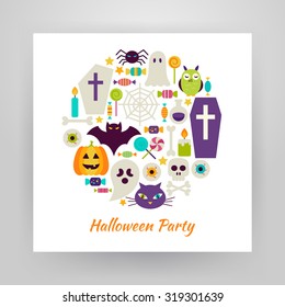 Flat Style Circle Vector Set of Halloween Holiday Objects over white Paper. Collection of Magic Items Isolated over white. Trick or Treat. Design Elements over Paper Template