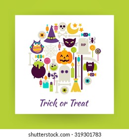 Flat Style Circle Vector Set of Halloween Holidays Trick or Treat Objects over white Paper. Collection of Witch and Magic Items Isolated over white. Design Elements over Paper Template