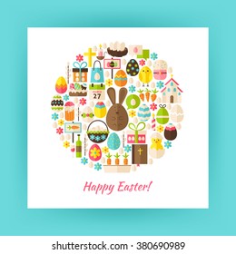 Flat Style Circle Vector Set of Happy Easter Objects. Collection of Spring Religious Holidays Items Isolated over white. Design Elements over Paper Template.