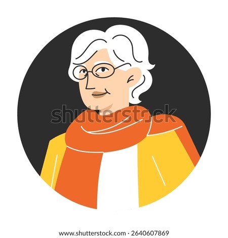 Flat Style Circular Portrait of Elegant Modern Senior Woman with Gray Hair for User Icon or Avatar Illustration