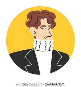 Flat Style Circular Portrait of Modern Young Asian Man for User Icon or Avatar Illustration