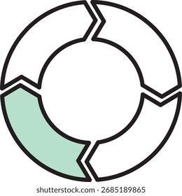 Flat style circular process chart with three segmented arrows and one colored section, ideal for presentations and infographics.
