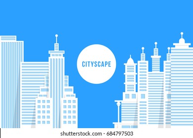 flat style cityscape with white buildings. abstract trend modern art graphic design isolated on blue background. concept of midtown place like new york or facade of people location residence