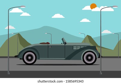 flat style classic car on the street with nature scene