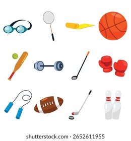 Flat Style Clip Art of Sport Activity with Exercise Equipment