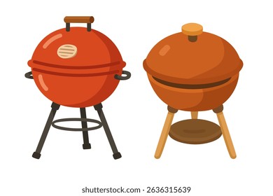 Flat style clipart of two barbecue grills with lids and legs, perfect for summer cookout designs.