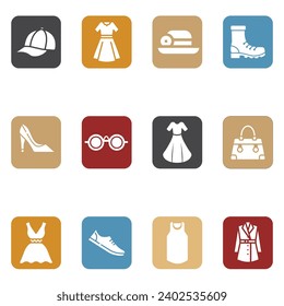 Flat style clothes silhouette vector icon set. Cap, boots, sunglasses, dress, bag, pants, shoes, jacket. Clothing collection