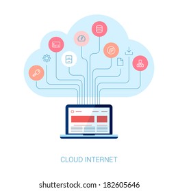 Flat style cloud computing, internet marketing, seo, web design and apps development vector icons illustration. Cloud tree growing from laptop computer.