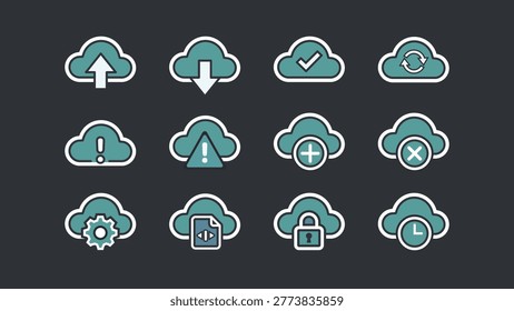 Flat style cloud save icon set featuring cloud storage, data backup, upload and download symbols. Perfect for UI UX design, SaaS applications, mobile apps, and web interface elements.