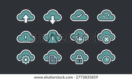 Flat style cloud save icon set featuring cloud storage, data backup, upload and download symbols. Perfect for UI UX design, SaaS applications, mobile apps, and web interface elements.