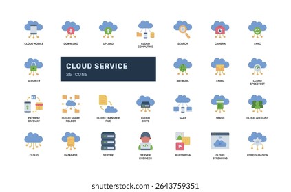 Conjunto de ícones de serviço de nuvem de estilo plano com ferramentas de segurança de compartilhamento de dados de computação em nuvem e acesso ao servidor ideais para operações de TI ou infográfico de painel de interface de usuário da plataforma SaaS