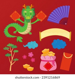 Flat style CNY elements isolated on bright red background. Including dragon and festive decorations.