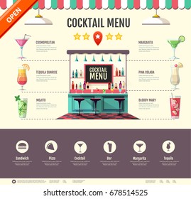 Flat style cocktail bar design. Web site design. Cocktail menu