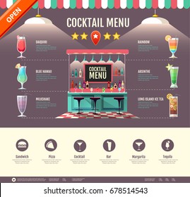 Flat style cocktail bar design. Web site design. Cocktail menu