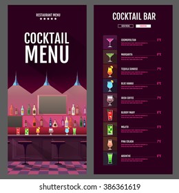 Flat style cocktail menu design with bar interior