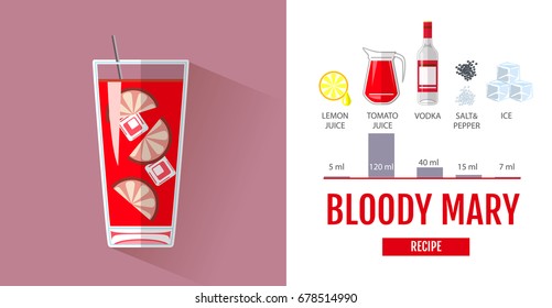 Flat style cocktail menu design. Cocktail bloody mary recipe