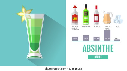 Flat style cocktail menu design. Cocktail absinthe recipe