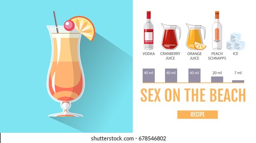 Flat style cocktail menu design. Cocktail sex on the beach recipe