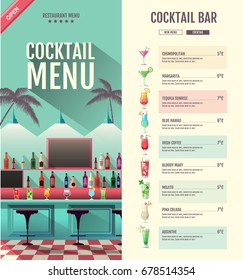 Flat style cocktail retro menu design with bar interior
