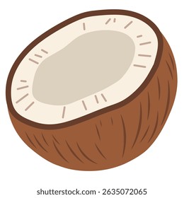 Flat style coconut cut in half. Perfect for tropical food designs, summer beach themes, and healthy organic fruit content.