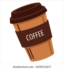 Flat style coffee cup featuring brown sleeve and lid. Simple vector graphic isolated on white, perfect for food service apps and minimalist retail branding.