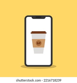 A flat style of coffee cup on smartphone, order drinks online concept.